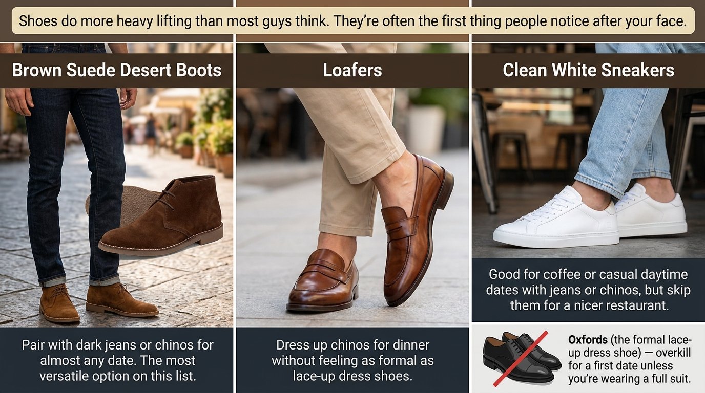 Four shoe options compared side by side for first dates.