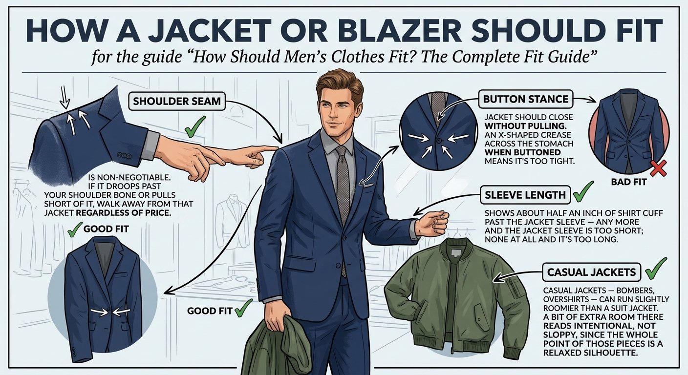 Man buttoning a navy blazer with a clean, non-straining fit across the chest