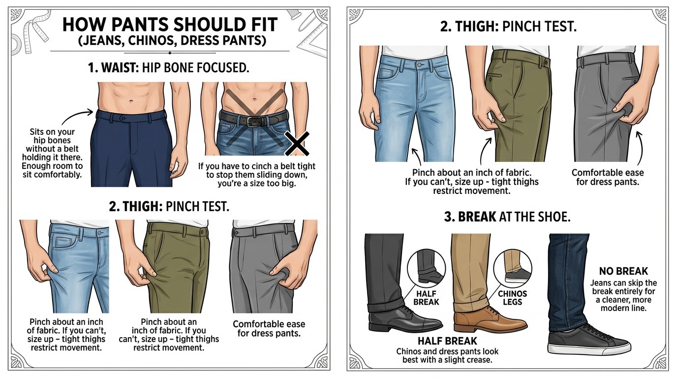 Three pant hems compared showing no break, slight break and full break